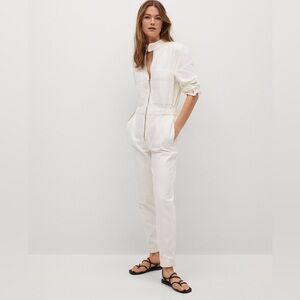 Long sleeve denim straight leg white jumpsuit with center zipper